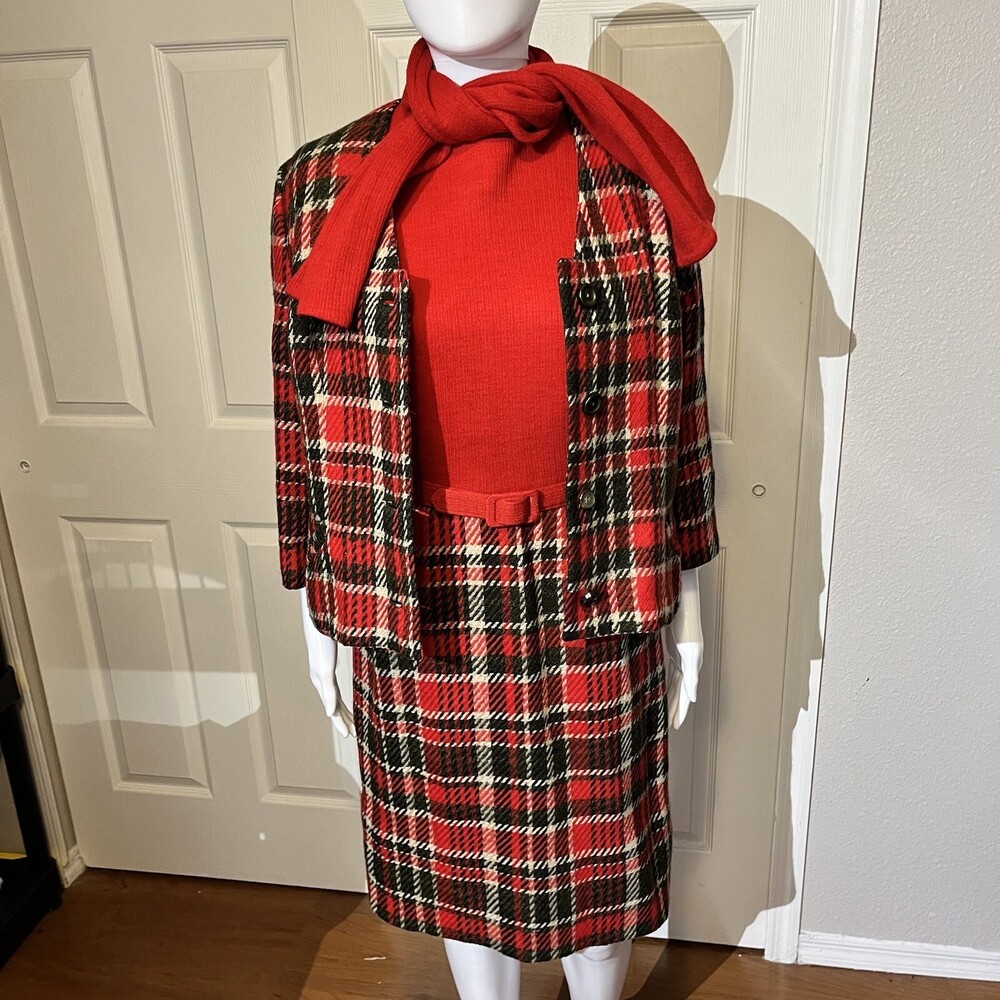 Vintage 1960s Red Tartan Plaid Blazer Pleated Dress School Girl Set Womens